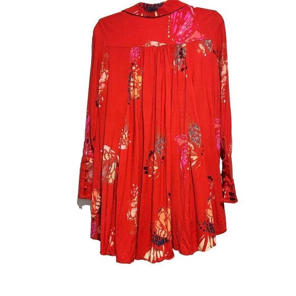 Free People Boho Blouse Tunic Top Small Floral Tomato Combo Hi-Low Long Sleeve - Picture 4 of 8